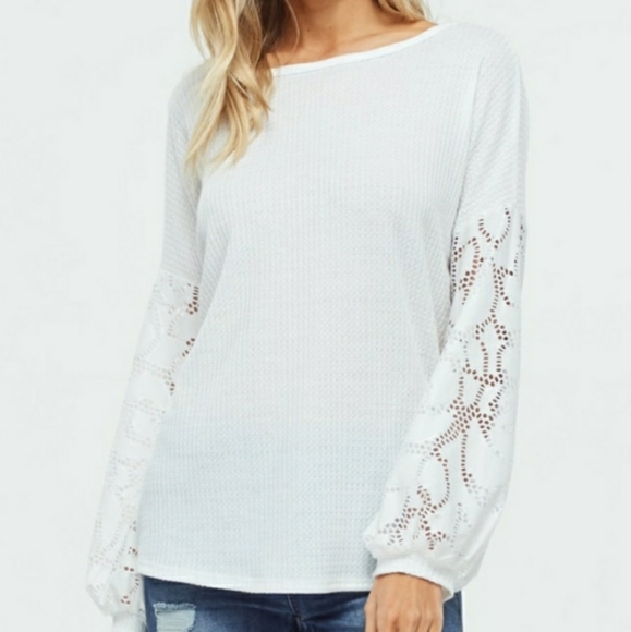 White Waffle Knit Lace Open Back Top - Picture 3 of 5